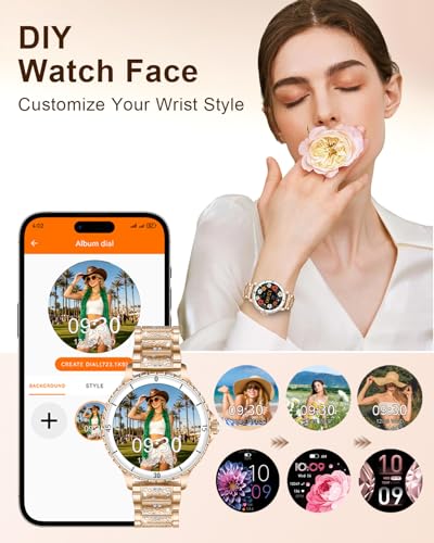 Women's Smart Watch with Calls, 1.27'' Smartwatch Woman with Diamond Strap, Compatible with Android/iOS, IP68 Waterproof Smart Watch Round with 120+ Sports SpO2 Sleep Pedometer, Rose Gold
