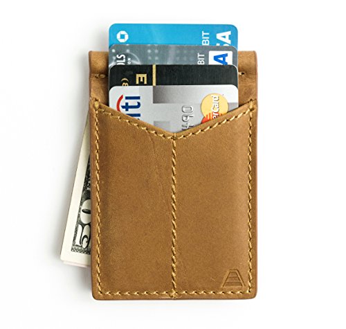 Andar Mens Leather Money Clip, Front Pocket Minimalist Card Holder RFID Blocking Wallet Made from Full Grain Leather, with Back Saving Bi-Fold Cash Clip - The Baron (Tan)