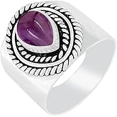 Sterling Silver Plated Natural Gemstone Handmade Statement Wide Band Rings for Women - Teardrop Shape Stone Southwest Bohemian Birthstone Ring Jewelry - Gifts for Mom Wife Sister