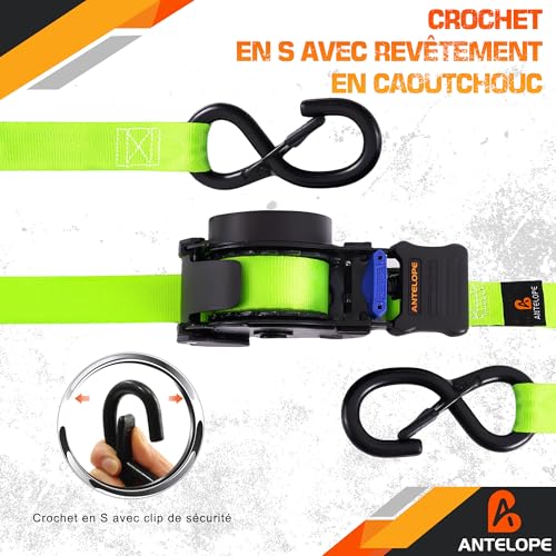 A ANTELOPE Automatic Lashing Strap 3.6 m x 25 mm, Pack of 4 Automatic Lashing Strap Reel, 340 kg/680 kg, Retractable Tie Down Straps with Ratchet and S Hooks for Motorcycle, Kayak and Truck, Green