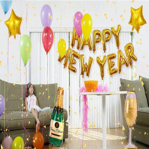 Omaky New Year Balloons Kit Decorations Happy New Year Eve Festival Celebrations Party Supplies, Champagne Bottle and Goblet Hydrogen Balloons Banner Tassel Latex Balloon with Air Pump