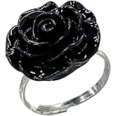 Vintage Black Rose Flower Open Gothic Statement Ring for Women Adjustable Punk Goth 3D Resin Floral Wrap Finger Band Rings Y2k Aesthetic Comfort Fit Valentine Cocktail Party Halloween Jewelry Gift