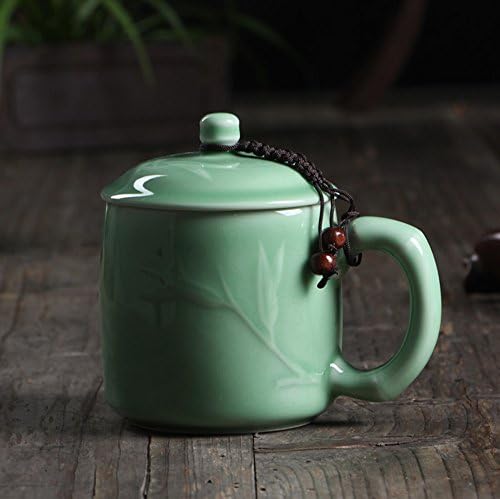 Celadon Coffee Cups with Lid 13.5-Ounce Porcelain Mugs Engravd Bamboo (Green)