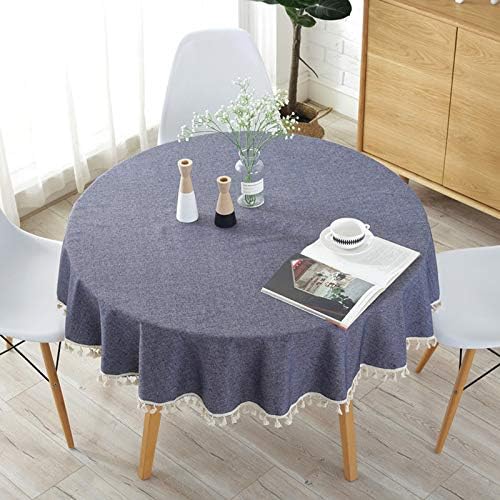 Elome 59 Inch Round Washable Cotton Tassel Linen Fabric Vintage Navy Tablecloth, Decorative Macrame Lace Dinner Picnic Home Decor Table Cover