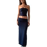 Passec Vintage Lace Maxi Skirt Set Women 2 Piece Outfit Strapless Split Tube Top and Maxi Skirt Set Going Out