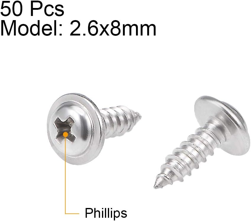 sourcing map 2.6x8mm Self Tapping Screws Phillips Pan Head With Washer Screw 304 Stainless Steel Fasteners Bolts 50Pcs - Image 3