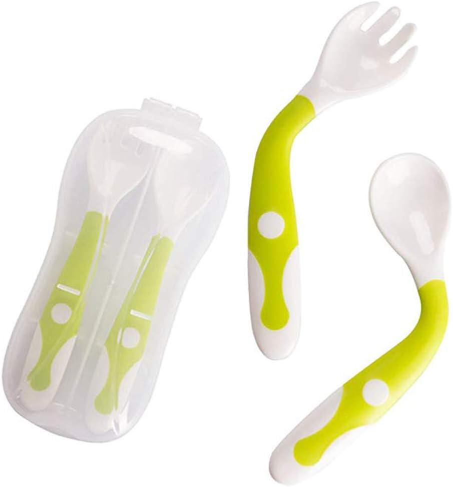 KEISL Self Feeding Training Spoon Fork Set Baby Utensils Spoons with Travel Safe Case Self Feeding Learning Spoons with Easy Grip and Bendable Function 14.5 * 3.3cm (Green)