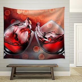 Red Wine Glass Cheers with Wine Splash - Fabric Wall Tapestry Home Decor - 51x60 inches
