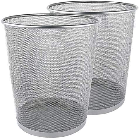 Metal Mesh Bin, Silver Metal Trash Bin, Wastebasket Bin, Waste Paper Bin Lightweight Silver Bin for Office, Home Pack Of 2 (Silver Round)
