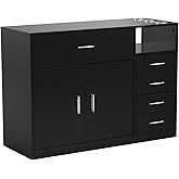 OmySalon Salon Station Free Standing Cabinet, Barber Hair Styling Stations, Beauty Spa Equipment with 5 Drawers, 1 Storage Cabinet, 3 Hair Dryer Holders, Black