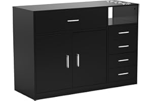 OmySalon Salon Station Free Standing Cabinet, Barber Hair Styling Stations, Beauty Dresser Spa Bathroom Equipment with 5 Drawers, 1 Storage Cabinet, 3 Hair Dryer Holders, Black