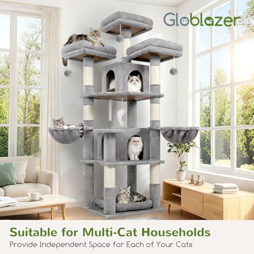 Globlazer Stable Cat Scratching Post 174 cm with 3 Padded Perches, 2 Cat House, 2 Baskets, Removable Pet Bed, Sisal Posts, Castle Cat Tree for 2-4 Adults Cats Indoor (F68B, Light Grey)
