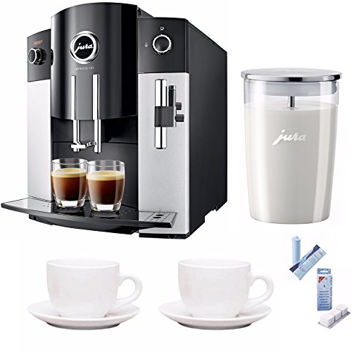 Jura 15068 IMPRESSA C65 Automatic Coffee Machine, Platinum Includes Jura Milk Container, Care Cartridge, Decalcifying Tablets and Set of Ceramic Cups and Saucers