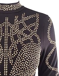 Vestido de mujer con lentejuelas y diamantes de imitación, con purpurina, cuello alto, manga larga, mini vestido de fiesta