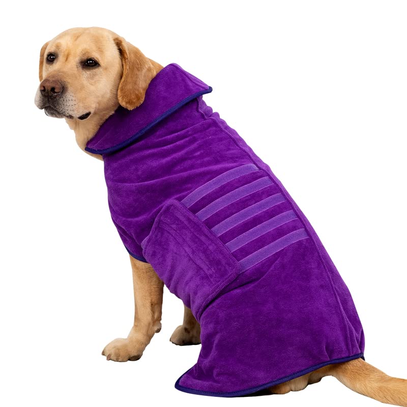The 5ks Dog Drying Coat Dog Towel Robe Dog Dressing Gown Super Absorbent Pet Bathrobe Puppy Microfibre Toweling Robe Fast Drying Adjustable Dog Bathrobe Towel (M, Purple)