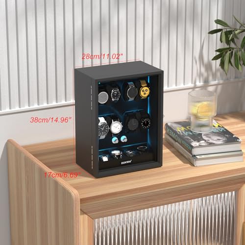 DUKWIN Watch Winder for 4/6/8/12 Automatic Watches, Lockable Automatic Winders with Extra 4/6 Watch Storages, 4 Rotation Modes, Quiet Mabuchi Motor, Sfot Watch Pillows and Blue Backlight