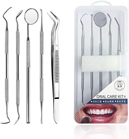 Xindinyi Dental Hygiene Kit, 304 professional Stainless Steel Dental Tools Set with Mouth Mirror, Tartar Scraper ,Dental Probe, Dental Sickle and Dental forceps– 5-IN-1 Dentist tools