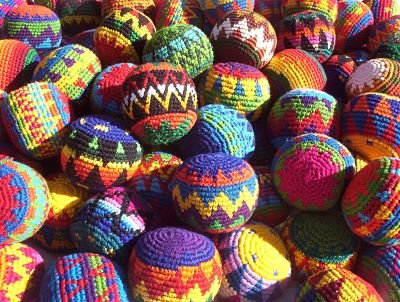 Funny Guy Mugs Footbag Set (3 Pack) – Handmade in Guatemala Crochet Hacky Kick Sack Balls – Footbag Juggling Balls for Outdoor Play, Party Games & Coordination Training