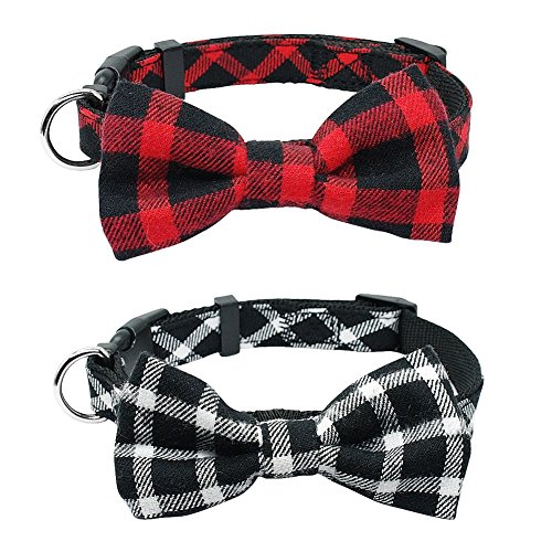 Stock Show 2Pcs/Pack Pet Dog Cat Fashion Bowtie Collar with Cute Detachable Bowknot Charm Pet Adjustable Classic Gentleman Plaid Collar for Small Medium Dog Puppy Cat Kitten Kitty, Black and Red