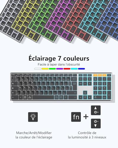OMOTON Wireless Metal Keyboard, Bluetooth 2.4G Backlit Keyboard, Rechargeable with 2 Channels French AZERTY Scissor Keyboard Ergonomic Quiet for PC/Mac/Windows (Black)