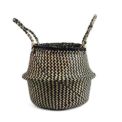 Photo 1 of BlueMake Woven Seagrass Belly Basket for Storage, Plants, Laundry, Picnic and Groceries (Medium, Black Strips)