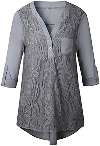 Womens Ladies Stylish 3 4 Cuffed Sleeve High Low Lace Casual Chiffon Tunic Shirts 2017 New Grace Loose Solid Chiffon Cuffed Sleeve Lace Panel Blouses Tops For Girls Grey X-Large