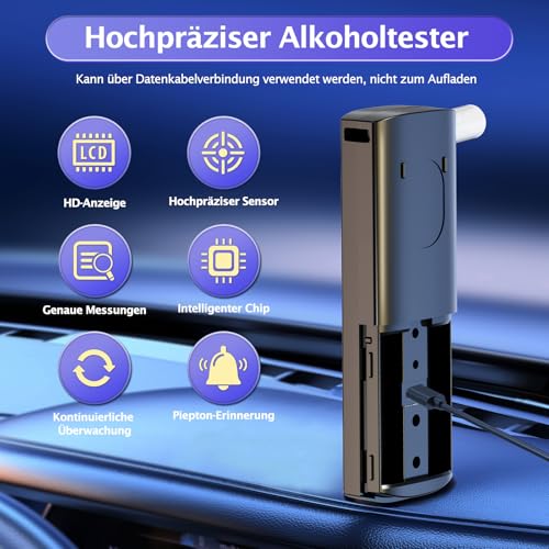 VEIPAO Portable Breathalyzer Certified Alcohol Test: Professional Italian Alcohol Test with 11 Mouthpieces – Breathalyzer with Digital LCD Screen High Accuracy for Personal Use Home Test, Black