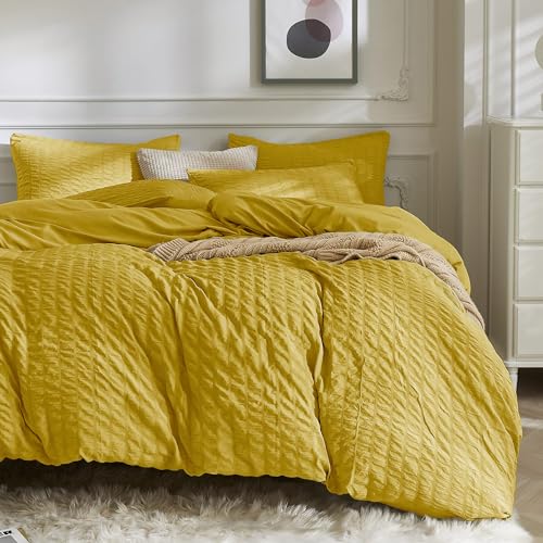 JELLYMONI Mustard Yellow Duvet Cover Queen Size, 3pcs Washed Microfiber Bedding Set, Soft Breathable Seersucker Duvet Cover Set with Zipper Closure and Corner Ties for All Seasons
