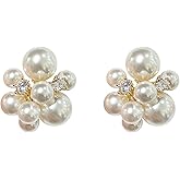 Chunky Crystal Big Pearl Earrings,Large Cubic Zirconia Pearl Earrings for Women,Big Cluster Bead Bridal Earrings Wedding Jewelry