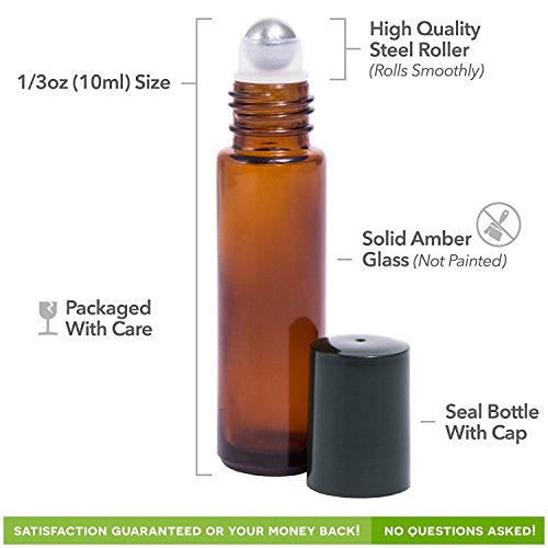 Pure Acres Farm, 12, Amber, 10 ml Glass Roll-on Bottles with Stainless Steel Roller Balls. 3 ml Droppers included