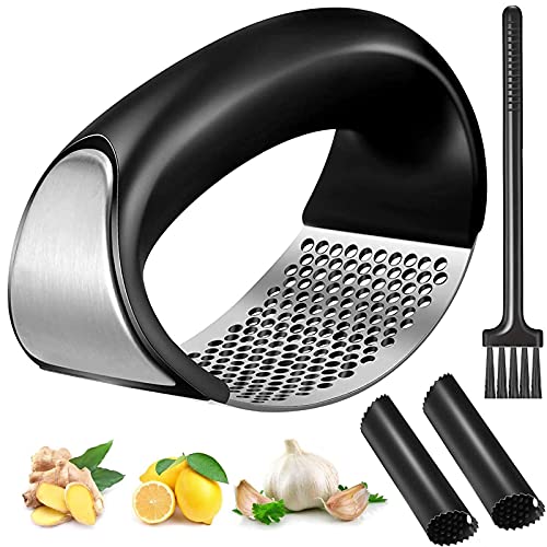 Presse-ail, Acier Inoxydable, Extra Fort et Durable, Va au Lave-vaisselle, Deux outils d\'épluchage à l\'ail et deux brosses, Cuisine Indispensable