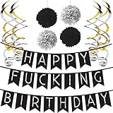 Sterling James Co. Funny Birthday Party Pack - Black & Silver Happy Birthday Bunting, Poms, and Swirls Pack- Birthday Decorations - 21st - 30th - 40th - 50th Birthday Party Supplies
