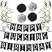 Sterling James Co. Funny Birthday Party Pack - Black & Silver Happy Birthday Bunting, Poms, and Swirls Pack- Birthday Decorations - 21st - 30th - 40th - 50th Birthday Party Supplies