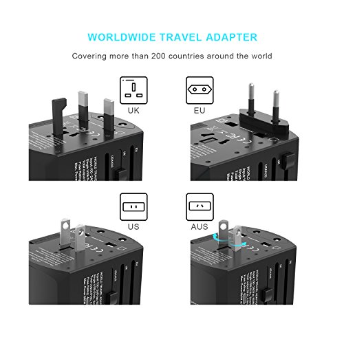 Universal Travel Adapter, All-in-one International Power Plugs with High Speed 2.4A 4 USB Wall Charging Ports for US, UK, EU, AU, Asia Covers 200+Countries