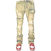 Mens Skinny Straight Leg Stacked Jeans Ripped Distressed Cargo Denim Pants