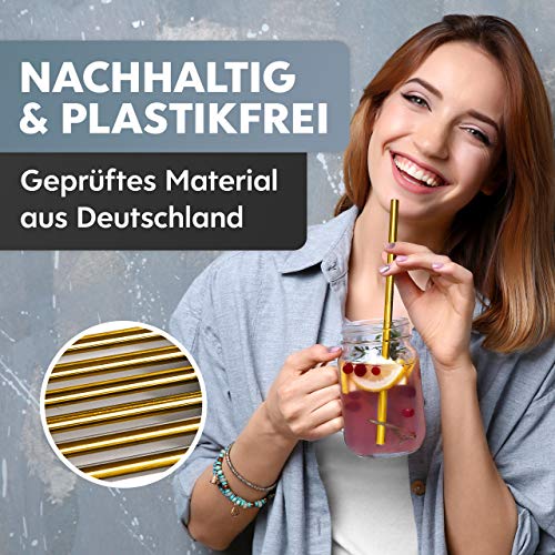 INDORAIN Edelstahl-Strohhalme (Gold, 6mm - lang) - Exklusives Set - 6 wiederverwendbare Metall Trinkhalme + innovativen… – Bild 7