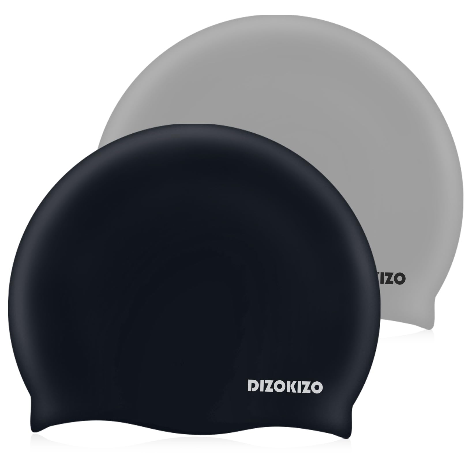 Photo 1 of Dizokizo 2pcs High Elasticity Silicone Swim Cap for Women and Men, Comfortable Non-Slip Swimming Caps for Long and Short Hair, Durable Waterproof Swim Hats for Adults, Keep Hair Dry (Grey & Black)