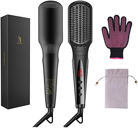 Hair Straightener Brush Fast MCH Ceramic Heating to 450F Hair Straightening Brush with Anti-Scald/Static High Density Comb Teeth, Steam Hair Straightener Double Anion Spray with Heat Resistant Glove