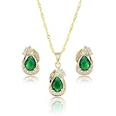 RIZILIA Pear Cut Birthstone Jewelry Set for Women - Multi Color Options - 14K Yellow Gold Plated Pendant Necklace Stud Earrings, 18"+2" Chain - Gift Boxed for Her, Mother Birthday