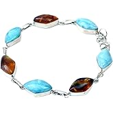 Exclusive 925 Sterling Silver Bracelet with Natural Larimar and Amber, 8 Inches of Handcrafted Elegance