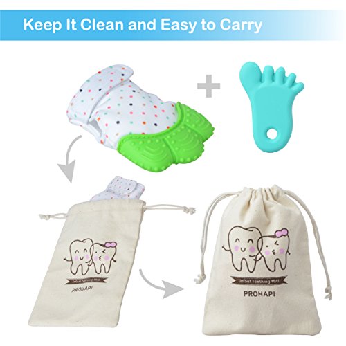 Prohapi Silicone Baby Teething Mitten, Self Soothing Teether & Teething Pain Relief Toy Glove plus Hygienic Travel Storage Pouch - Natural Remedy for Infants & Toddlers 3-12 months(Light Green)