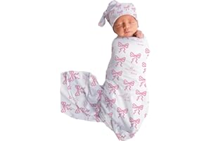 Custom Baby Girl Blanket with Matching Hat,Personalized Newborn Swaddle Blanket with Name,Pink Bow Swaddle for Birth Announce