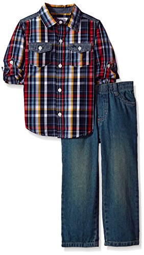 Kids Headquarters Little Boys 2 Pieces Woven Shirt with Two Pockets Pants Set, Red/Navy, 6