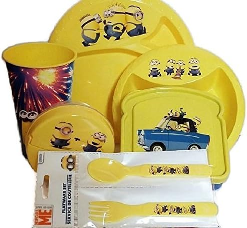 Minions 6 Piece Lunch Set Despicable Me Themed Kids Travel Bento Box Drink Cup Plate Bowl Snack Box Sandwich Box Fork Spoon