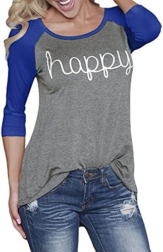 Womens Plus Size Crew Neck 3 4 Sleeve Raglan Shirt Letter Print Blouse Top,(US18W-20W) 5XL,Blue