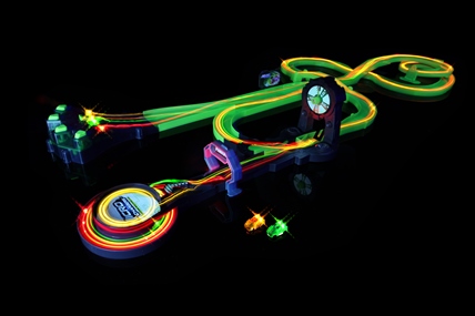 LED light up cars will zoom around the track in the light or dark.