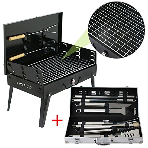 Cirocco 19 Pcs BBQ Barbecue Tool Set Box w/ Case & Folding Charcoal Grill | Heavy Duty Professional Stainless Steel Utensils Complete Accessories for Men Outdoor Cooking Camping Picnic Strong Durable