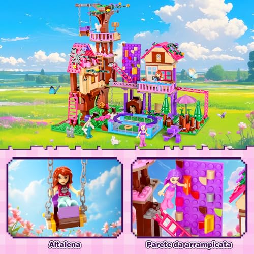 Charmofun Tree House Building Set, Girls' House Building Set with 3 Dolls and 4 Animals, Friends Tree House of Friendship for Children Age 8 and Up (Pink)