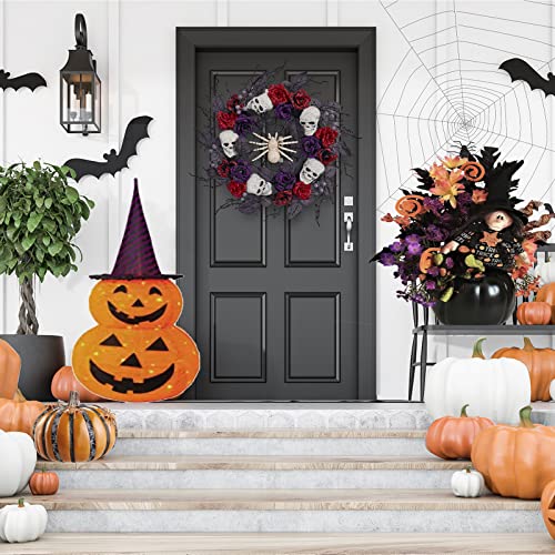 Vofuly 22inch Halloween Wreath for Front Door, Halloween Decor with Spider,Skulls and Rose for Indoor Outdoor Party Decor,Front Door Wall Wreath Ornaments Decorations,22 inch