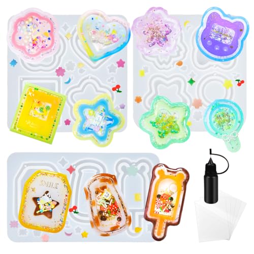 Resin Shaker Molds Set Kawaii Keychain Charms Pack of 9 Epoxy Silicone Trays Precision Tip Applicator Bottle Kit Bundle